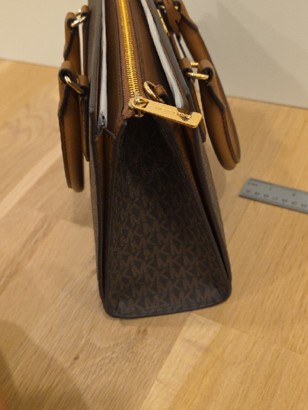 Michael Kors Brown Logo Satchel with Tan Trim and Gold Hardware - Picture 4 of 8